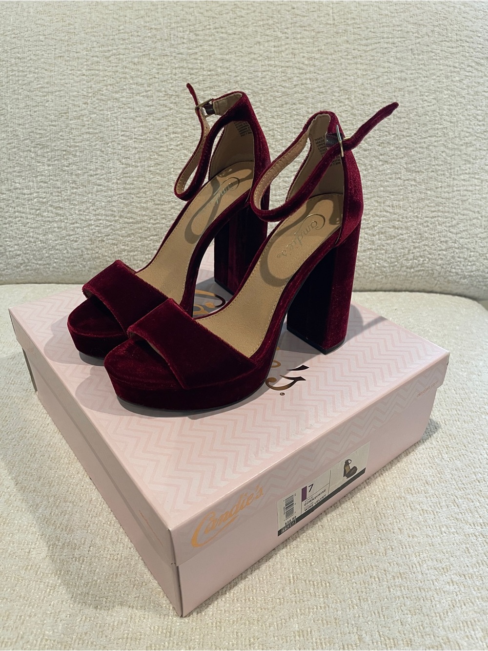 Candie’s Velvet Ankle-Strap Platform Heels - Wine Velvet